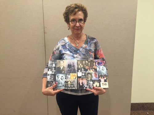 Nancy with the collages she made for the "Holocaust Memory Reconstruction Project."