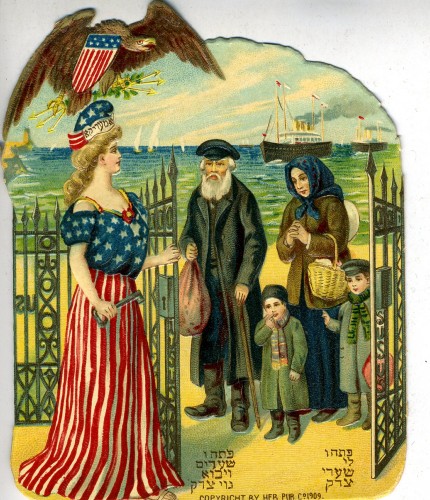 Die cut card of an immigration scene, 1909 by the Heb. Publishing Company. Lady Liberty opens a metal gate for the family, while an American eagle watches overhead. JMM 1997.101.3