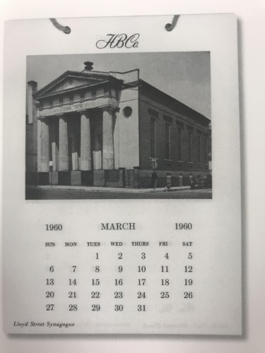 Hutzler’s 1960 Calendar which featured religious architecture. The Lloyd St Synagogue is featured for the month of March. This was one of many ways the store owners expressed Jewish identity, with little things such as this. 