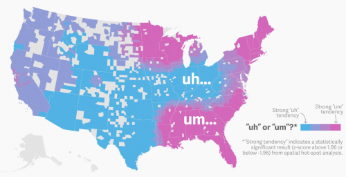 UM vs. UH: In Maryland we say both which is backed up in my transcribing. A person will use one or the other, but I’ve transcribed both uh people and um people. (Map from Quartz Media)