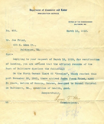 This is a letter out of the Jewish Museum’s collection which discusses the arrival of Judka Josek Fried in Baltimore from Russia in 1903. JMM 1988.209.004    