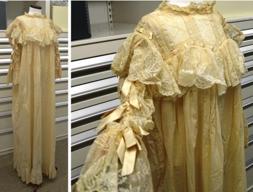 Nightgown from the trousseau of Rosa Stein Weiller Thanhouser.  Made of fine muslin – perhaps nainsook [link: https://en.wikipedia.org/wiki/Nainsook] – with flounced lace yoke; the elbow-length sleeves are adorned with exuberant lace ruffles and silk bows. Gift of Louise Thanhouser Goldman. JMM 1989.135.1