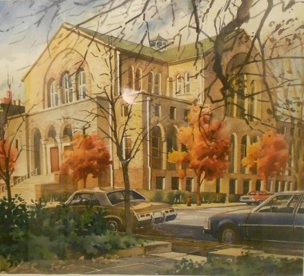 Watercolor painting of the Eutaw Place temple by Rod Cook. (JMM 1995.192.010)