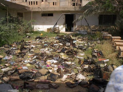 Materials drying outside the Mukhabarat, Saddam Hussein’s intelligence headquarters.