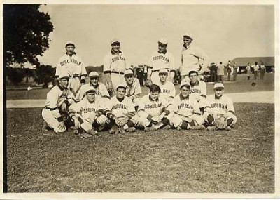 Suburban Club baseball team, Oct. 1, 1909. Pictured are R. Maisel, Anderson, Goldman, E. Maisel, E. Strouse (Straus?), Parlette, unidentified, Aldridge, M. Strouse (Straus?), Wolf, Fowler, Rodger Pippen, and Zink. JMM 1985.90.19