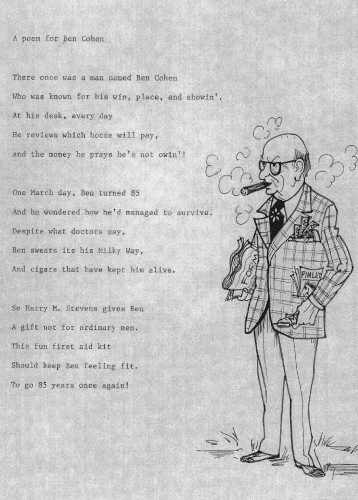 This poem and caricature of Ben Cohen was presented to him by Bill Koras on the occasion of his 85th birthday. Gift of Zelda Cohen, JMM 1994.100.3.