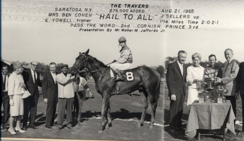 "Hail to All," with jockey John Sellers after winning the Belmont Stakes at Saratoga Springs, NY, August 21, 1965. Gift of Zelda Cohen, JMM 1995.100.2. 