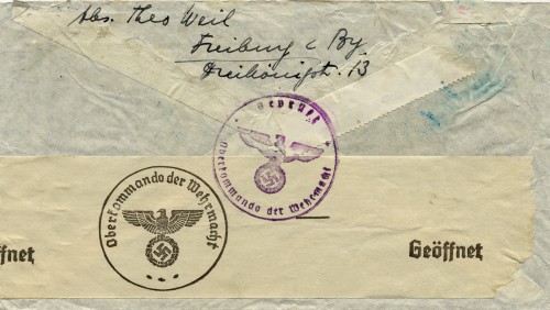 This envelope, which contained a letter that Hilda and Theo Weil sent to their daughters in Baltimore, bears German censor stamps certifying it was opened and inspected before leaving the country. Courtesy of Brenda Mandel, L2002.103.44.