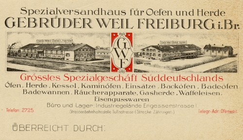 Advertising card from Gebrüder Weil Freiburg, Theo Weil's business, which distributed stoves, ovens, and other metal products. Courtesy of Brenda Mandel, L2002.103.137a.