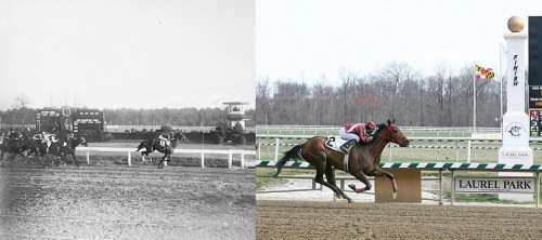 Laurel Park race track in 1929 and 2007. (Left) Washington Handicap race at the Laurel Racetrack, October 23, 1929. Photo by Harris & Ewing; courtesy of the Library of Congress. (Right) Horse racing at Laurel Race Track, March 31, 2007. Photo by Keith Allison, via Wikimedia Commons.