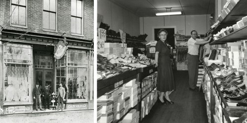 Two Pokomoke City Jewish businesses, fifty years apart. Both relied on the efforts of family members to succeed. In 1903, the Fine brothers pose proudly in front of their emporium. (JMM 1988.114.1). In 1953, Marty and Hilda Wahlberg work side by side at Marty's Variety Center. Courtesy of Melvyn Wahlberg, L2001.27.18.