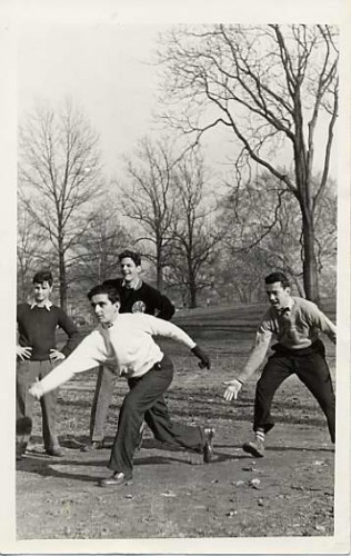 Jewish boys playing softball in Druid Hill Park, c. 1938. JMM 1987.19.5 Pictured are: Eddie Schunick, Melvin Kerber, Stanley Berngartt (Stanford Reed), and Robert Blaney.