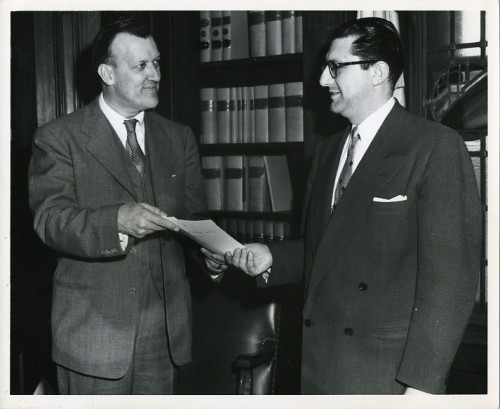 Governor Theodore McKeldin and Harry Diamond, Baltimore City Manager for the State of Israel Bond Sale, 1951. JMM 1989.80.4
