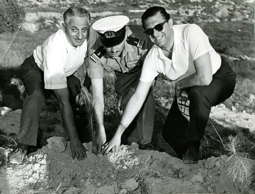 U.S. Admiral L. Kintburger, Baltimore’s Harry Diamond and an unnamed Israeli officer plant a tree together in a JNF forest, 1961. JMM 1989.80.29
