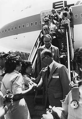 Sidney Lansburgh, Jr., President of the Associated Jewish Charities and Welfare Fund, is greeted upon his arrival in Israel for the Prime Minister's mission, 1973. JMM 1992.278.7a