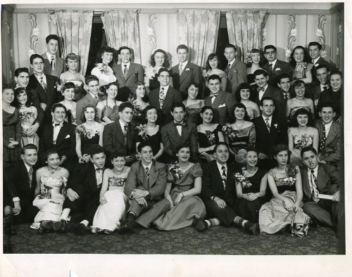 Teens pose for a photo at the Aleph Zadik Aleph fraternity Sweetheart Dance in 1948. Gift of Charlotte Stein, JMM 1998.79.1.