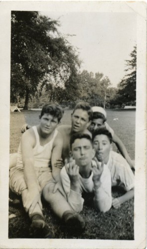 "Goofing around" in Druid Hill Park, c. 1945. JMM 2009.7.1 Pictured includes Hy Zlotowitz (Hy Zolet) on left, back center is Royal Pollokoff.