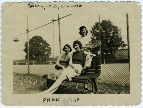 Marjorie Greenebaum, Carol Kastner Traub, and Lillian Donahue at the tennis courts in Druid Hill Park, 1950. JMM 2010.24.1