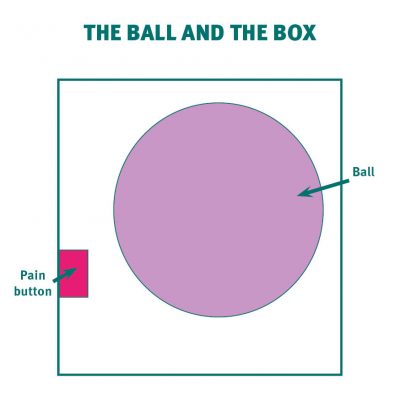 This image shows a box. Inside is a large ball floating in the space. There is a "pain button" on the side of the box.