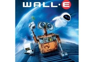 An illustration of Wall-E, a brown, robot creature, who is holding a small plant. There is also a smaller, white robot on the left, and a larger, white robot flying to the right. The word “Wall-E” is above the robots.