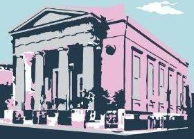 A graphic rendering of the exterior of the Lloyd Street Synagogue, a large building with columns. The building is pink and grey, with navy shadows and there’s a light blue sky.