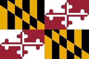 The Maryland flag, which is a horizontal rectangle broken into four quadrants. The top left and bottom right is a checkered-like design in black and gold. The top right and bottom left is a horizontal cross-like design, in dark red and white.