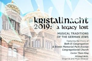A background image of an illustration of a Ruassian synagogue. There is a transparent design of broken glass over the illustration. The words “Kristallnacht 2019: A Legacy Lost” is in black text over the illustration.