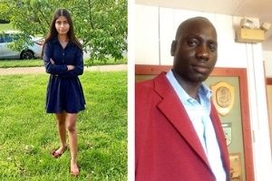 Two color photos side by side. On the left is a woman of color, with long dark hair, standing on a lawn outside, wearing a navy dress. Her arms are crossed and she’s looking at the camera. On the left, a black, bald man wearing a red suit jacket and colored shirt, looks into the camera.