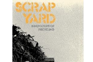 A textured background of a black and white photo of a pile of scrap. The words “Scrap Yard”, in large orange-yellow text, are at the top left. The words “Innovators of Recycling” are smaller, underneath.