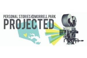 An illustration of Baltimore City as it would appear on a map, in light blue with yellow heart in the center. An illustration of an old fashioned movie camera with graphic yellow and blue triangles coming out from the lens. The words “Personal Stories @Morrell Park: Projected” in grey is on top of the illustrations.