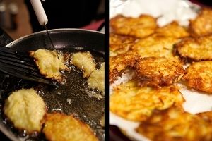 Two color photos, the left showing half-cooked latkes, or fried potato pancakes, getting flipped in a pan of oil. The right shows cooked pancakes, piled on a plate.