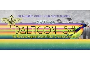 A graphic illustration of bright colors including yellow, green, purple and pink, with the words “Virtual Balticon 54” and other text that is too small to read. There is also a logo for the Baltimore Science Fiction Society that is an illustration of a dragon with the letters BSFS hidden in the shape.