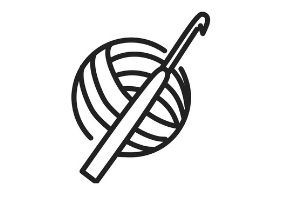 A simple, black and white, graphic illustration of a ball of yarn and a crochet hook.