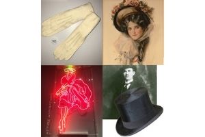 Four pictures in a rectangle shape. The top left is a photo of apair of gloves, displayed in an exhibit case. The top right is a detailed illustration of a white woman wearing a large hair, with curled hair. The bottom right is a black and white photo of awhite man wearing a top hat and suit, with a photo of the top hat juxtaposed on top. The bottom left is a photo of a large neon sign, that shows a woman in a buslting dress, lighted up in red.