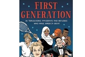 A book cover that shows different people on it, including a tennis player, a basketball player, and a musician. The words “First Generation” are in red above the illustrations of people.