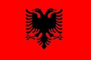 A picture of the Albanian flag, a red rectangle with a black illustration of a two-headed bird creature in the middle.