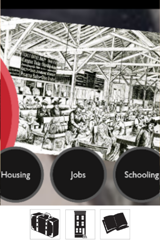 A screenshot of the Voices of Lombard Street presentation, showing a black and white illustration of people working in a factory, and three buttons that say “Housing”, “Jobs”, and “Schooling”.