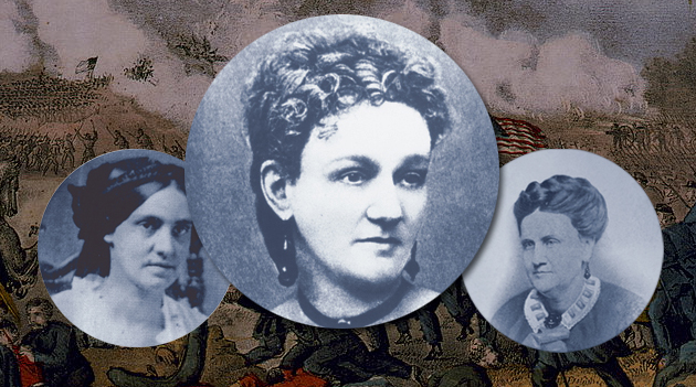 Three black and white photos of three different women with old fashioned hairstyles and dress. In the background is a painting of a battle.