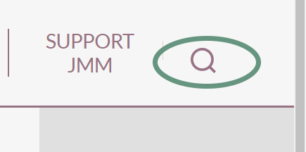 Snapshot of webpage. On the left is the menu title "Support JMM." On the right is a magnifying glass. The magnifying glass is circled. 