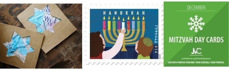 A triptych image showing left to right: a pair of handmade hanukah cards featuring stars of david, the 2020 USPS Hanukkah stamp featuring an illustration of two white children, girl on the left, boy wearing a yamulke on the right, lighting the candles of a menorah with the word Hanukkah at the top; a green square with a white snowflake on it that reads December Mitzvah Day Cards JVC.