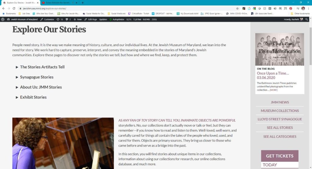"Explore our Stories" webpage with introductory text, main menu, and sidebar. 