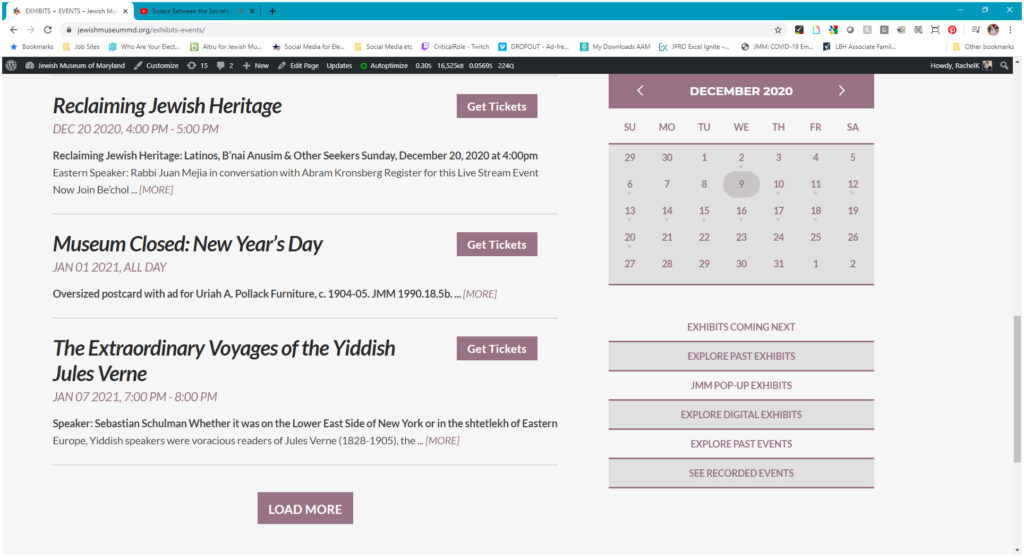 Color screenshot of the lower portion of the JMM exhibits and events webpage. On the left is a list of titles and dates for upcoming programs. On the right is a calendar for the month of december.