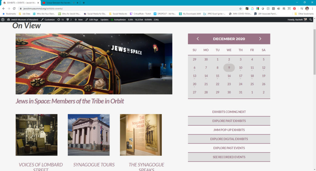 Color screenshot of the exhibits and events page of the JMM website, showing exhibit image thumbnails and a calendar of the month of december.