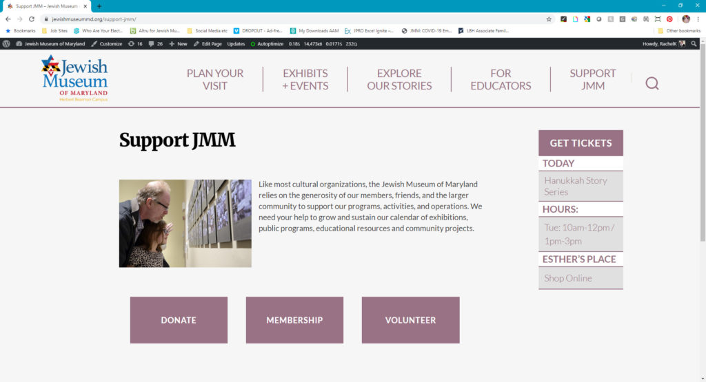 Color screenshot of the Support JMM page of the JMM website. The page shows a color photo of a white man and a young white girl looking at some hanging wall art. Below are 3 buttons labeled donate, membership, and volunteer.