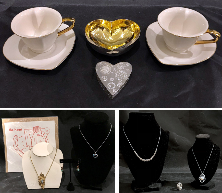 Three images of valentine's themed gift bundles including jewelry and heart-shaped tea cups.