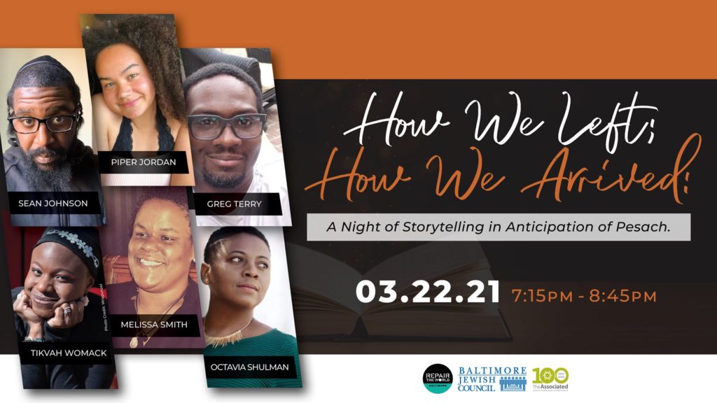 How We Lefty, How We Arrived cover image: A Nightof STorytelling in Anticipation of Pesach, 3.22.21 at 7:15pm. Headshots for 5 speakers, all men and women of color.