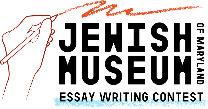 A graphic that shows a hand writing above the words Jewish Museum of Maryland Essay Writing Contest